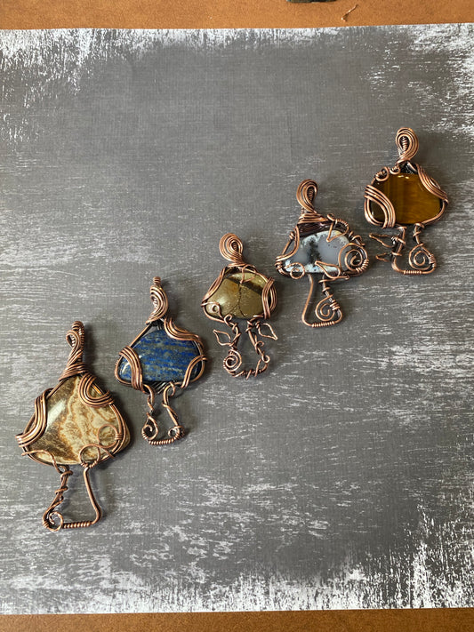 Copper and Gemstone mushroom pendants