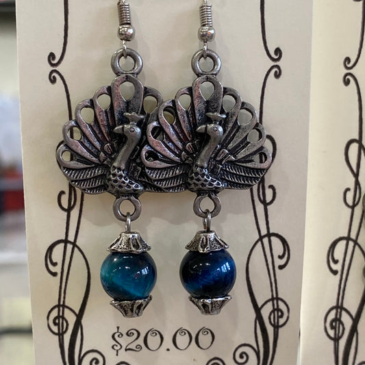 Peacock with blue tigers eye earrings