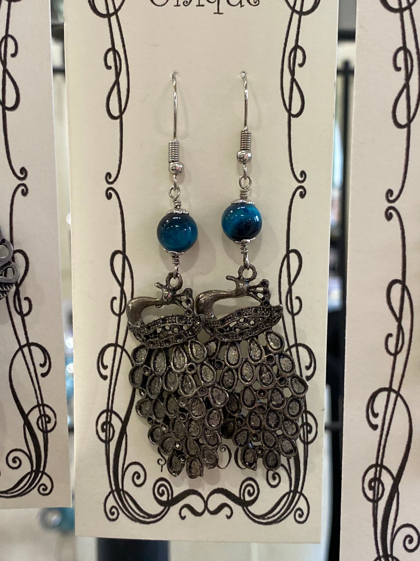 Peacock with blue tigers eye earrings