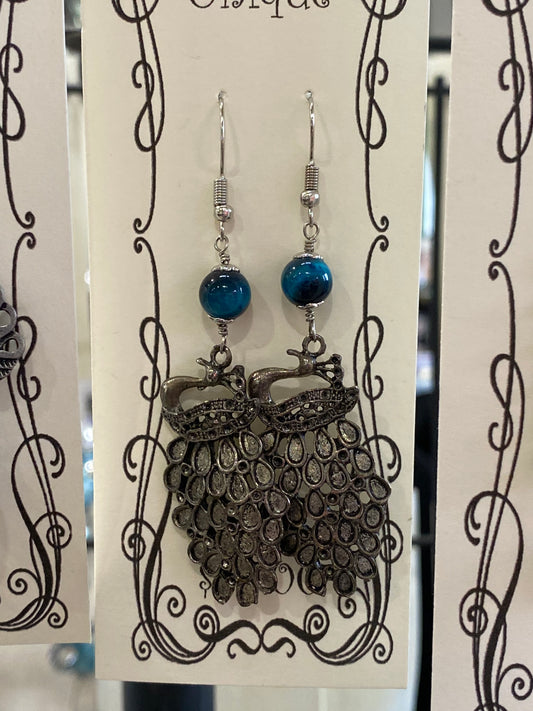 Peacock with blue tigers eye earrings